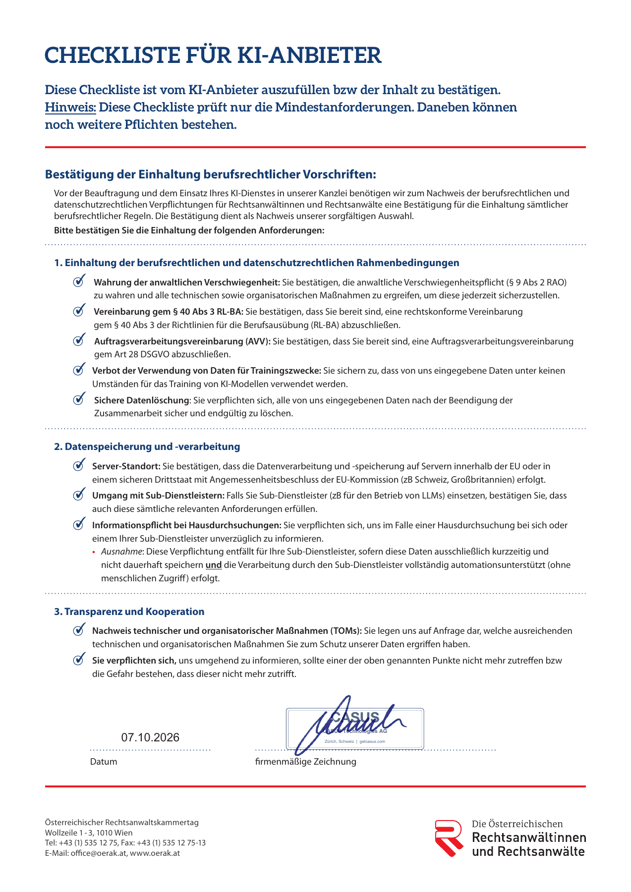 CASUS’s completed and signed ÖRAK AI checklist: one page with ten confirmed requirements and signature.