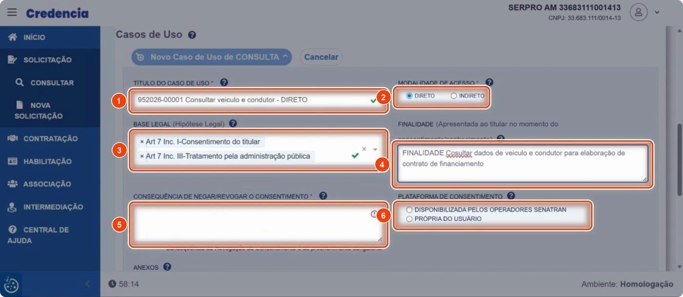 Captura de tela de referência do Credencia para Passo 4 — Preencher título, modalidade, base legal, finalidade e consentimento. Contexto: 40 — Revisão — Solicitação de consulta.