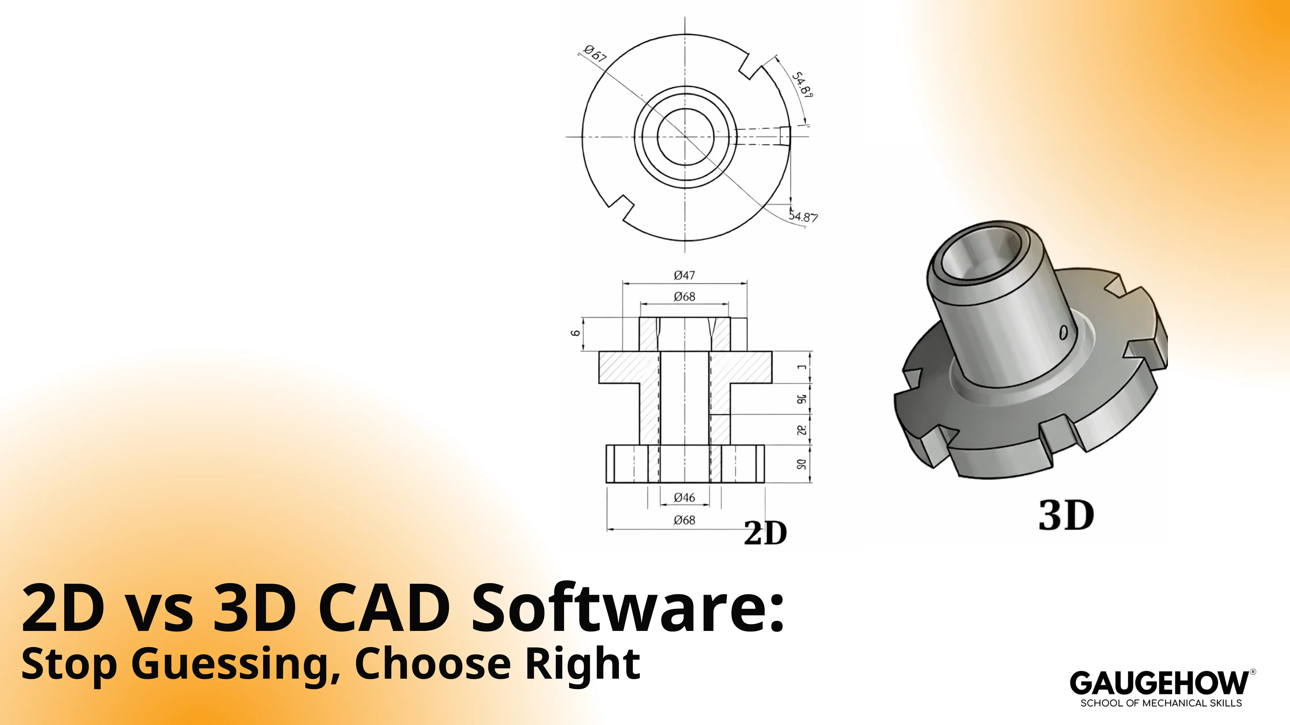 2D vs 3D CAD software cover with 2D drawing and 3D model comparison