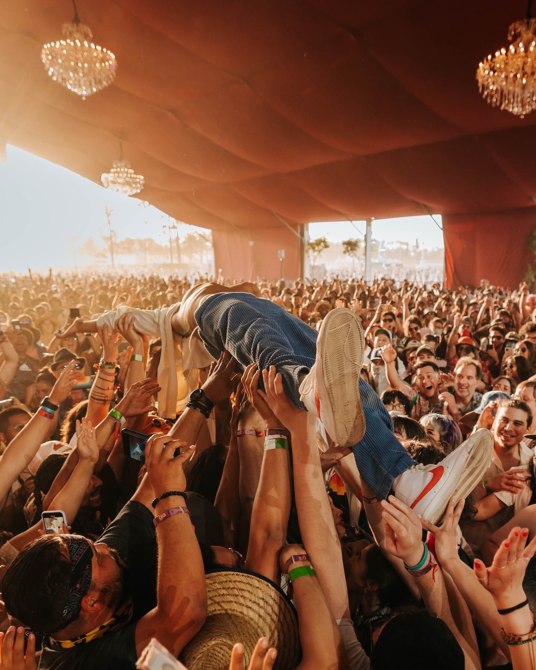 An of artist shaking hands with a fan in the crowd