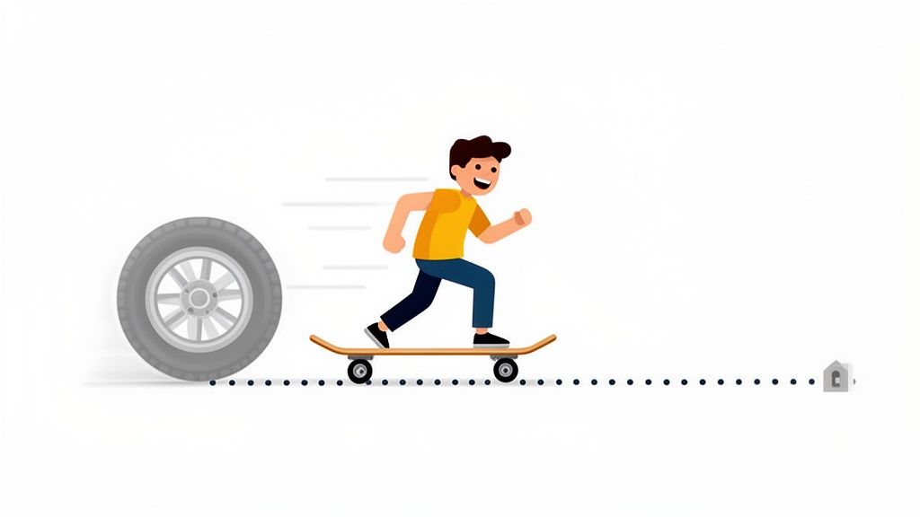 A cartoon boy on a skateboard races quickly towards a small house icon, with a car tire on the left.