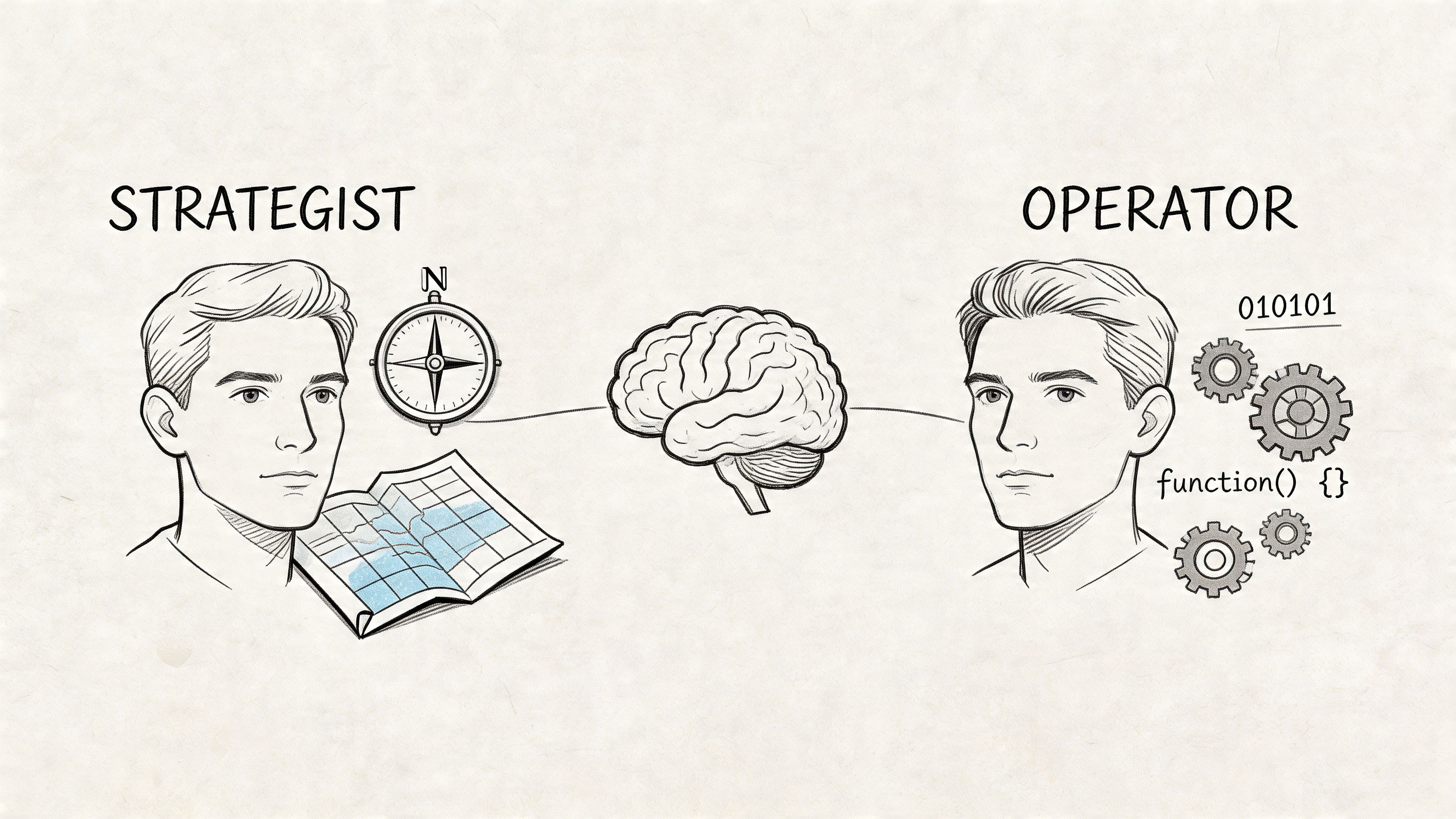 A conceptual illustration contrasting the strategic mindset versus the operational mindset through a human brain.