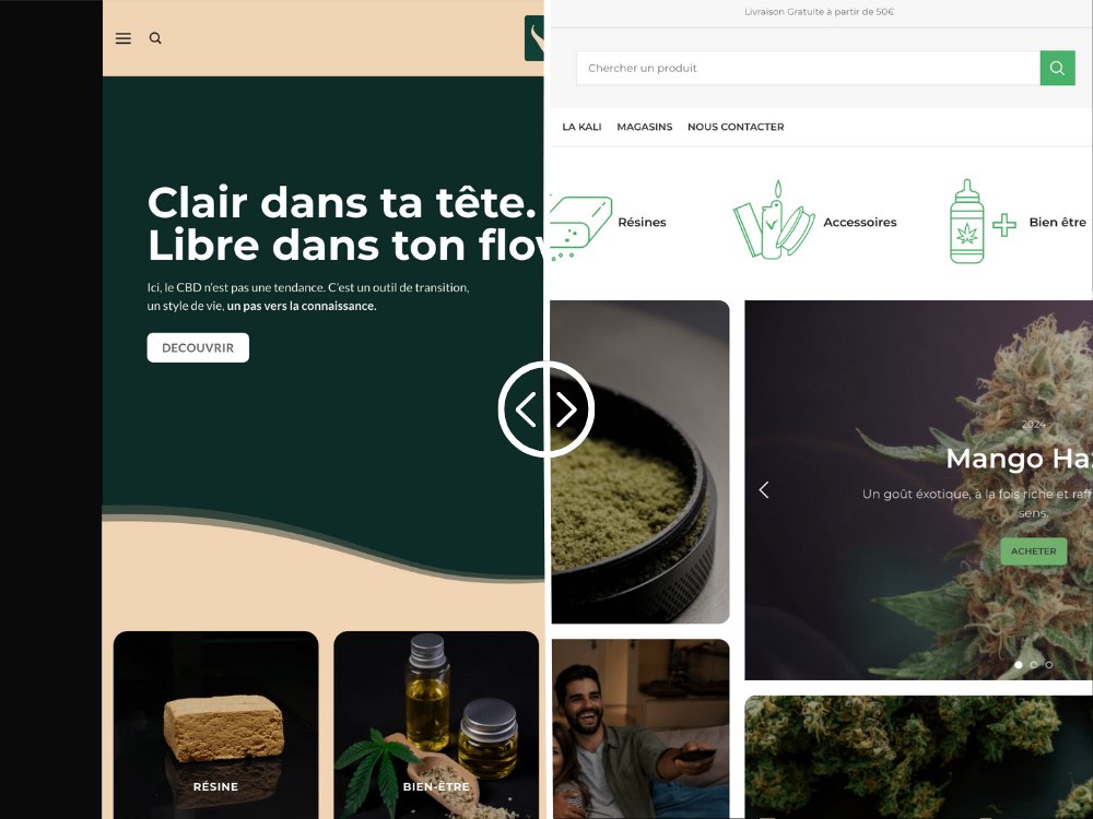 Comparaison visuelle d’un site e-commerce avant/après refonte dans le domaine du CBD, illustrant l’évolution du design et de l’expérience utilisateur.