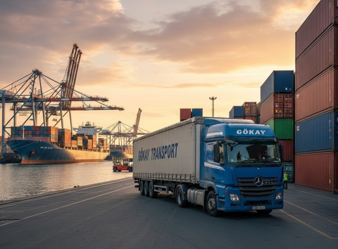Uluslararası taşımacılık: Gökay Transport kamyonu, deniz yoluyla gelen konteynerleri almak üzere liman rıhtımında bekliyor.