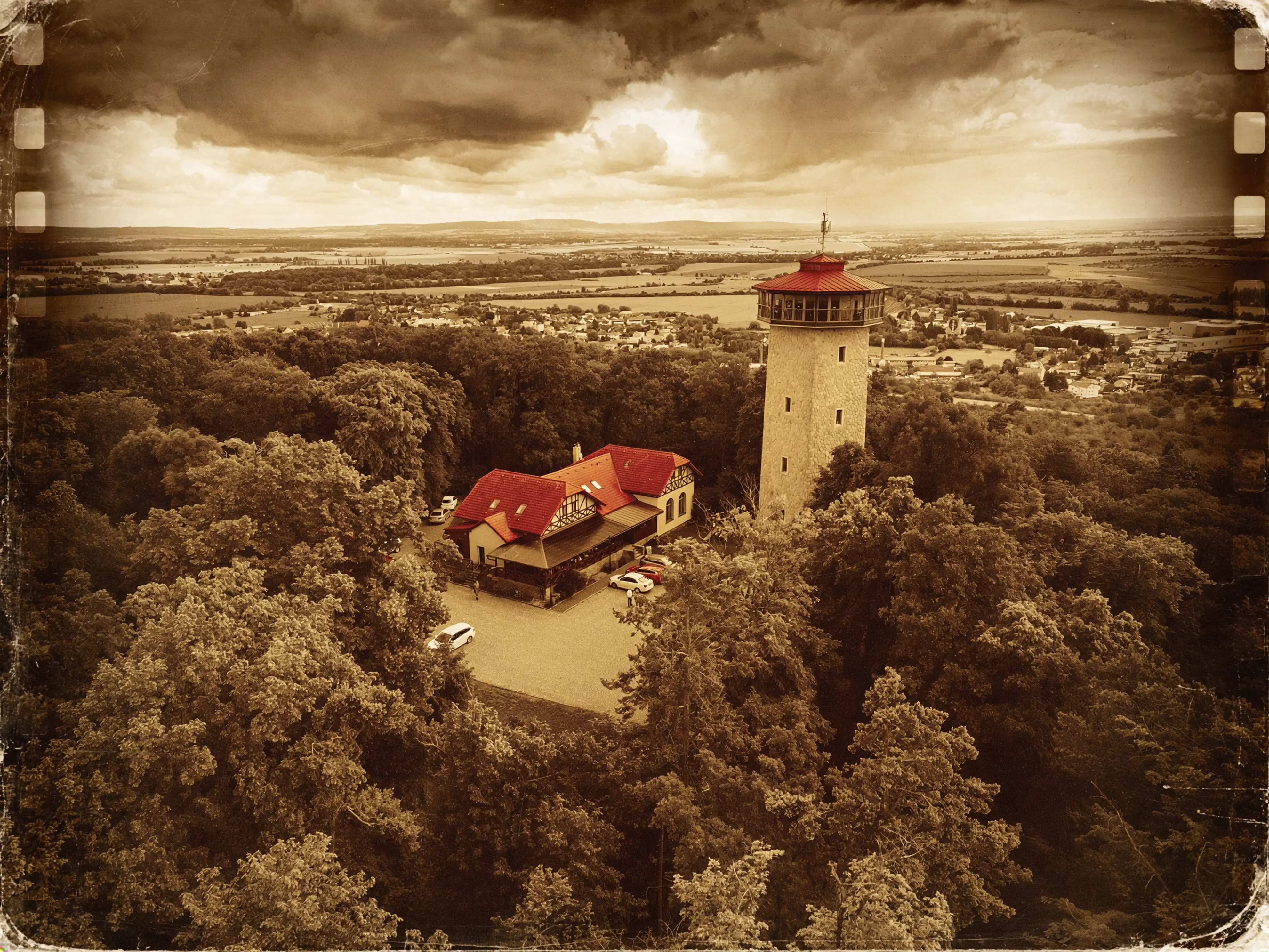 Historická fotografie rozhledny a Havířské boudy na Kaňku