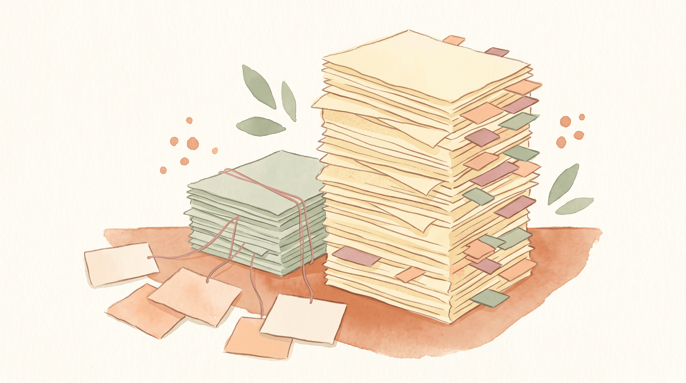 Two uneven stacks of academic papers with citation cards