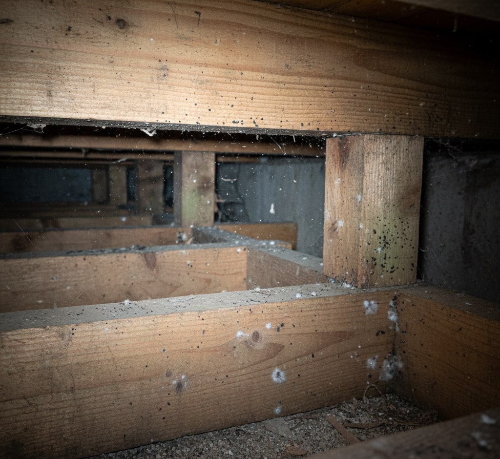 Moldy crawlspace before professional restoration cleanup