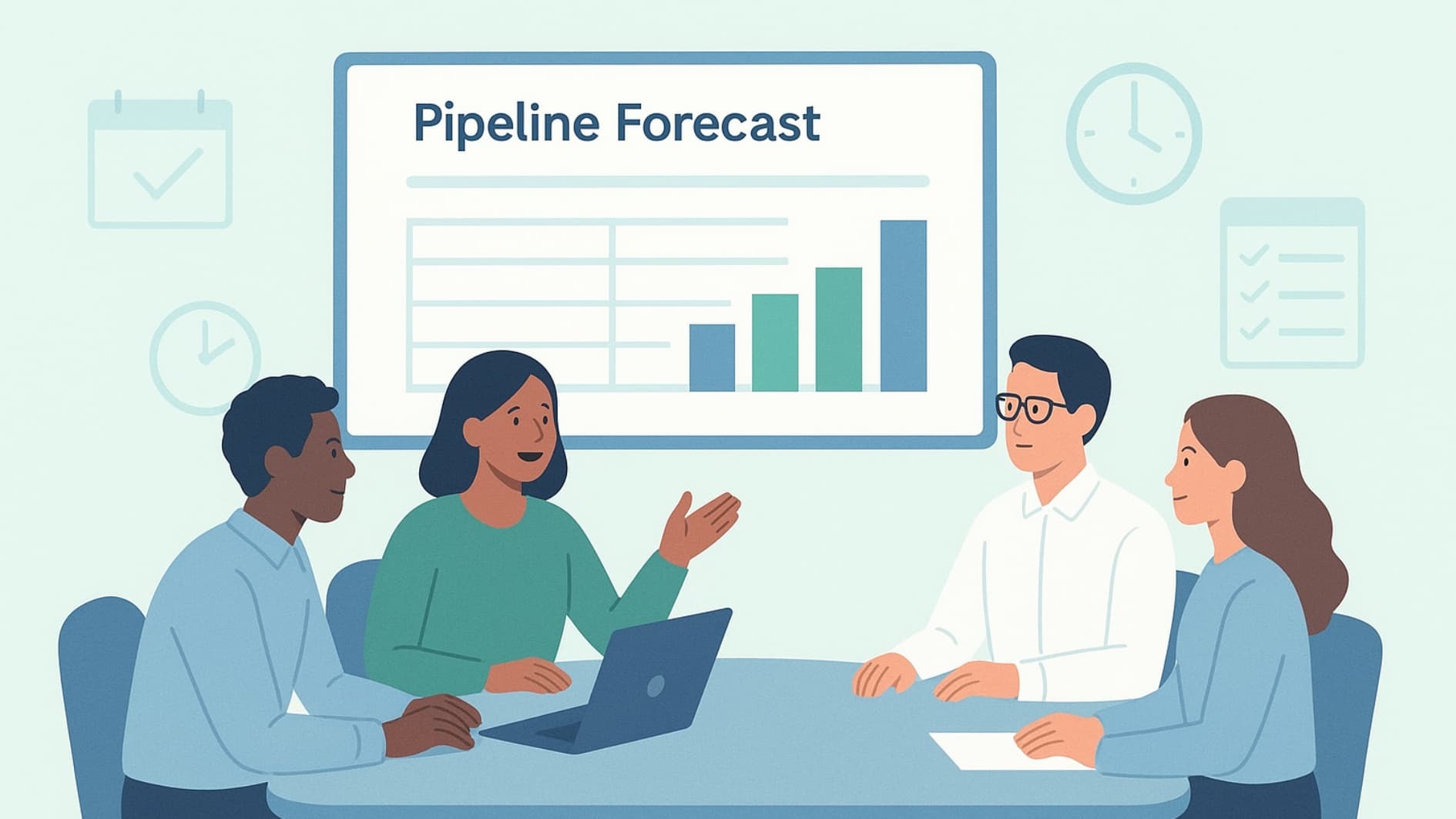 Team conducting regular meetings to enhance forecasting sales pipeline accuracy.