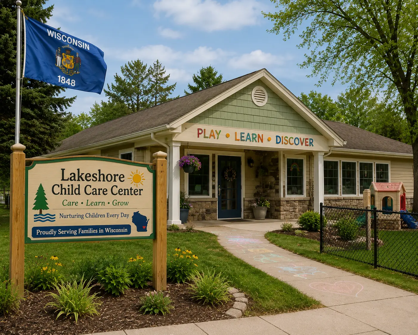 a depiction of the outside of a child care center based in wisconsin with the state flag hanging outside it