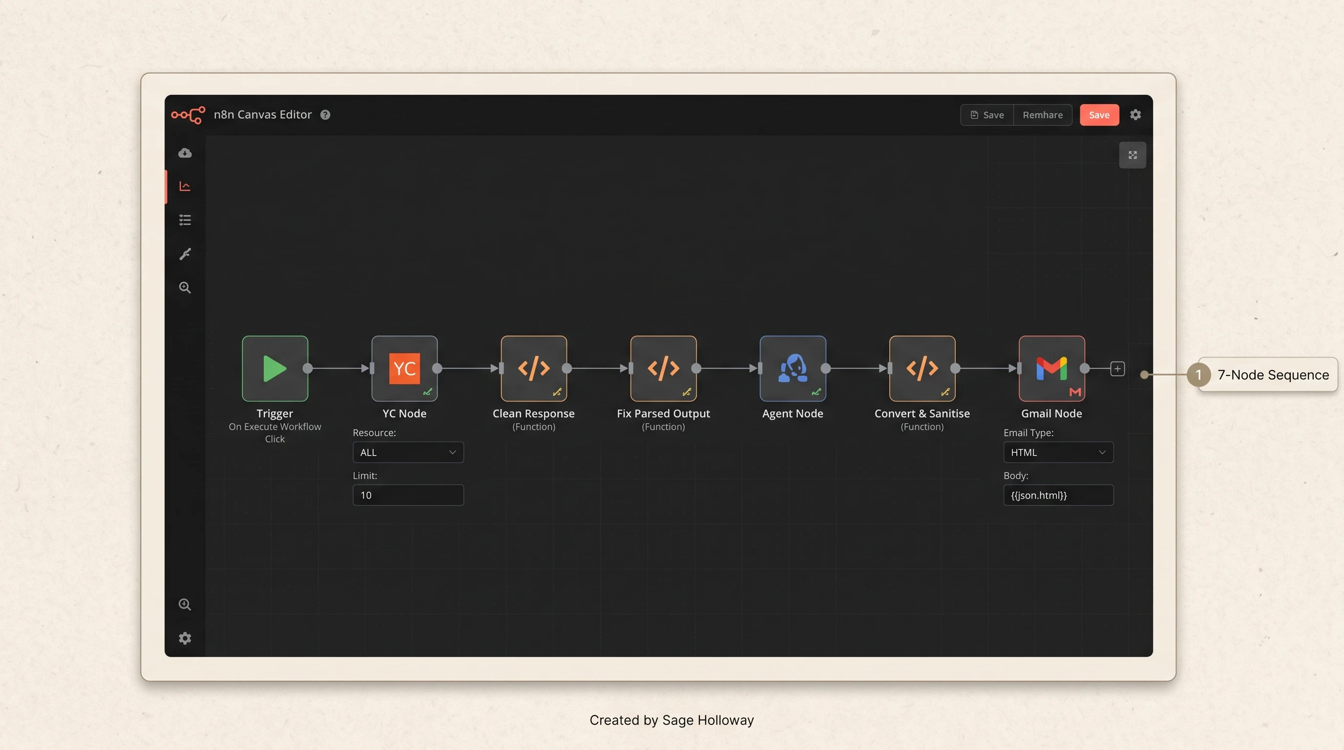 Teaching reconstruction of the 7-node n8n Hacker News digest automation workflow canvas