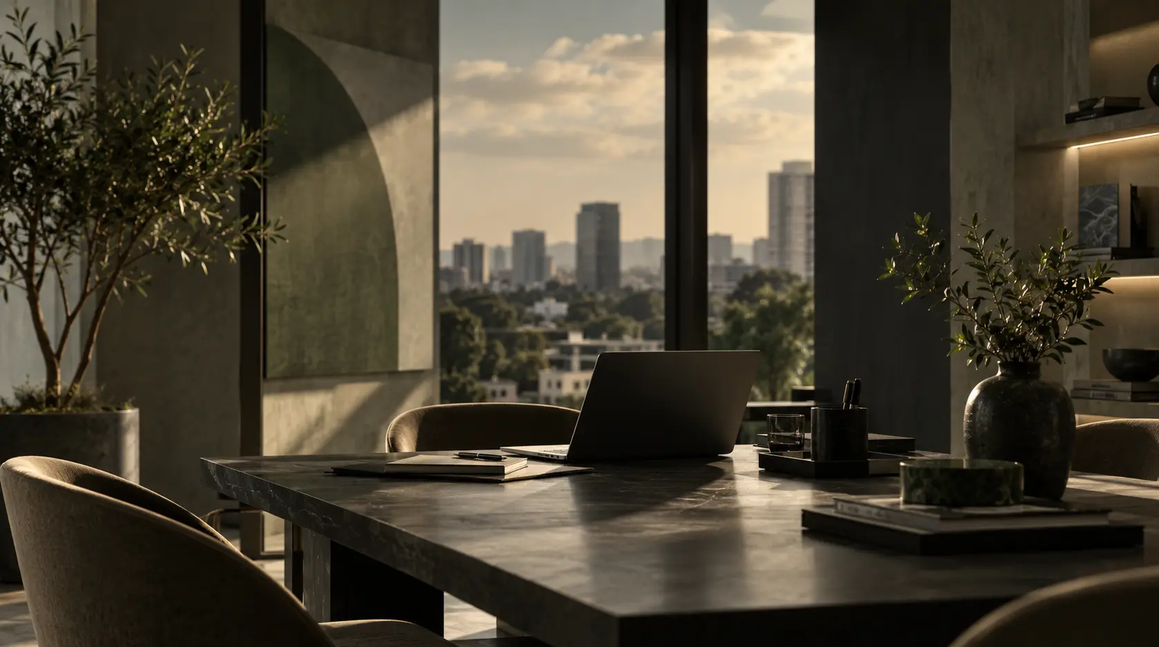 Modern business and property group office overlooking Accra, Ghana, in olive, stone and charcoal tones