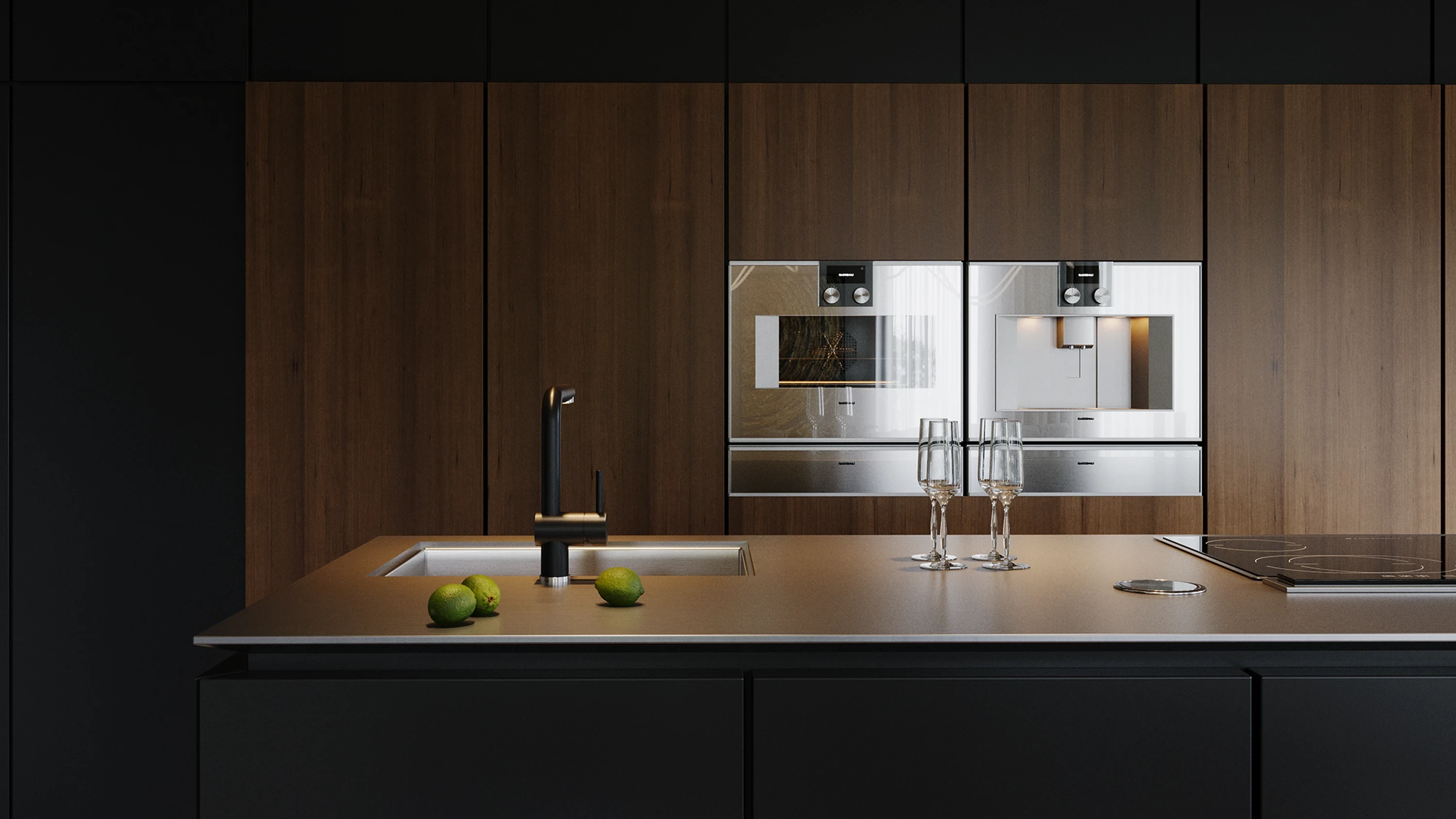 Cuisine — évier sous-plan et robinet noir mat.