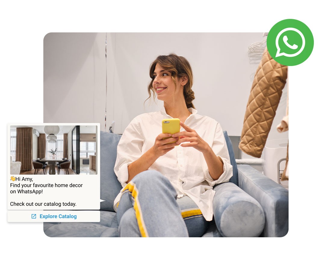 Digital illustration showing a woman sitting on a couch, holding a yellow smartphone, with a WhatsApp chat bubble promoting home decor and a catalog. A WhatsApp icon is visible in the top right corner