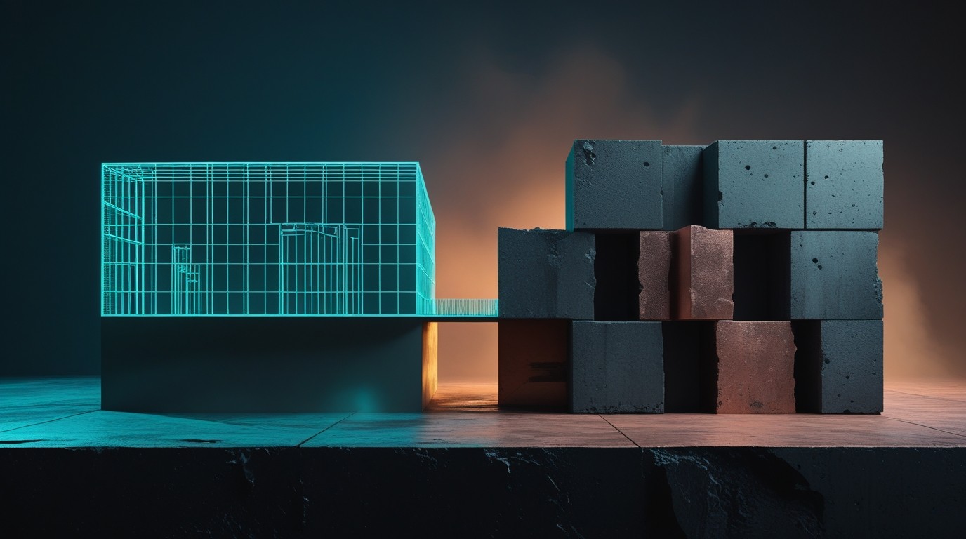 Abstract 3D cross-section of a partially built structure in teal wireframe and solid copper blocks on dark navy