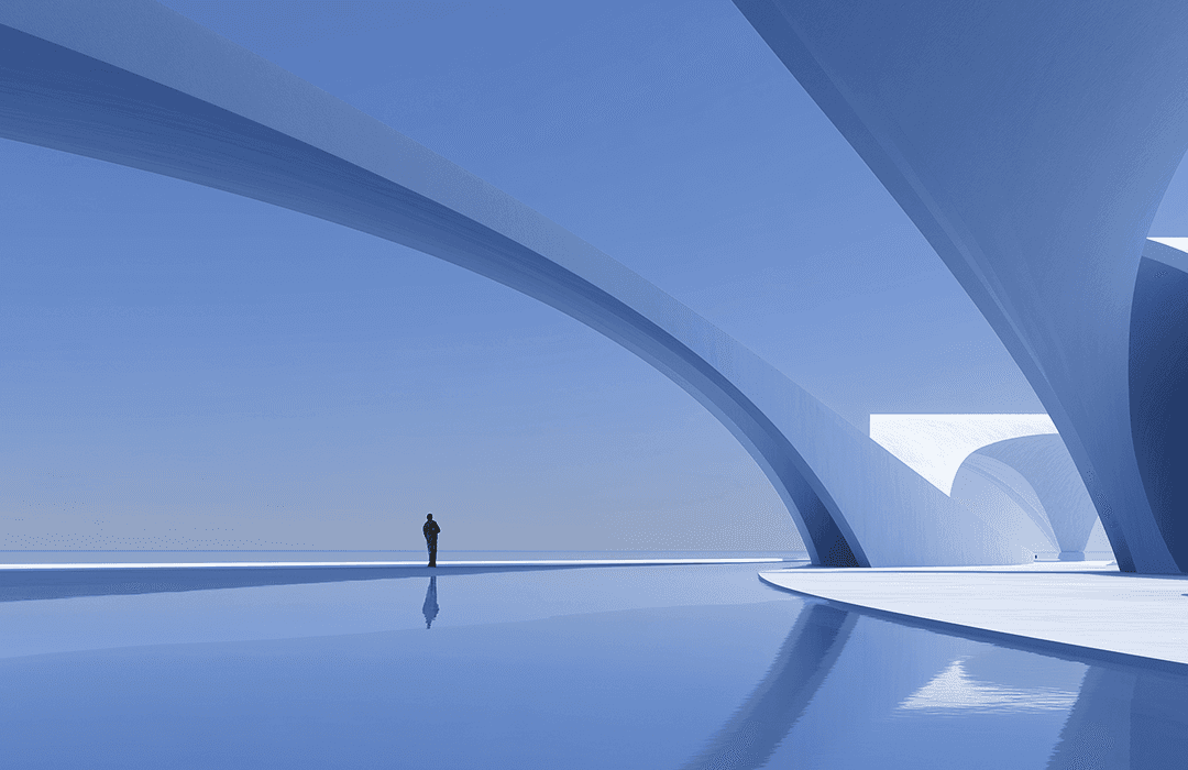 Uma cena minimalista e futurista dominada por tons de azul claro e branco. Enormes arcos ou estruturas arquitetônicas curvas e brancas se elevam e se estendem sobre uma superfície de água calma e reflexiva. Um único indivíduo de pé, pequeno em escala, está na extremidade da água, olhando para a vasta paisagem. A composição evoca uma sensação de vastidão, solidão e arquitetura modernista ou utópica.