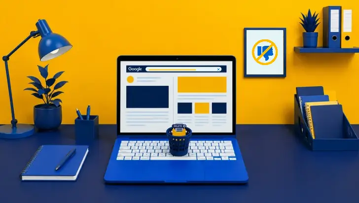Blue laptop showing a Google search with a trash bin for removing negative online content.