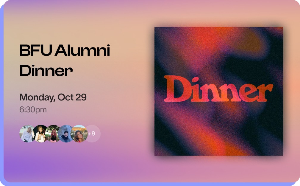Image of an ID card for an event titled "Dinner" with colorful background and event details.
