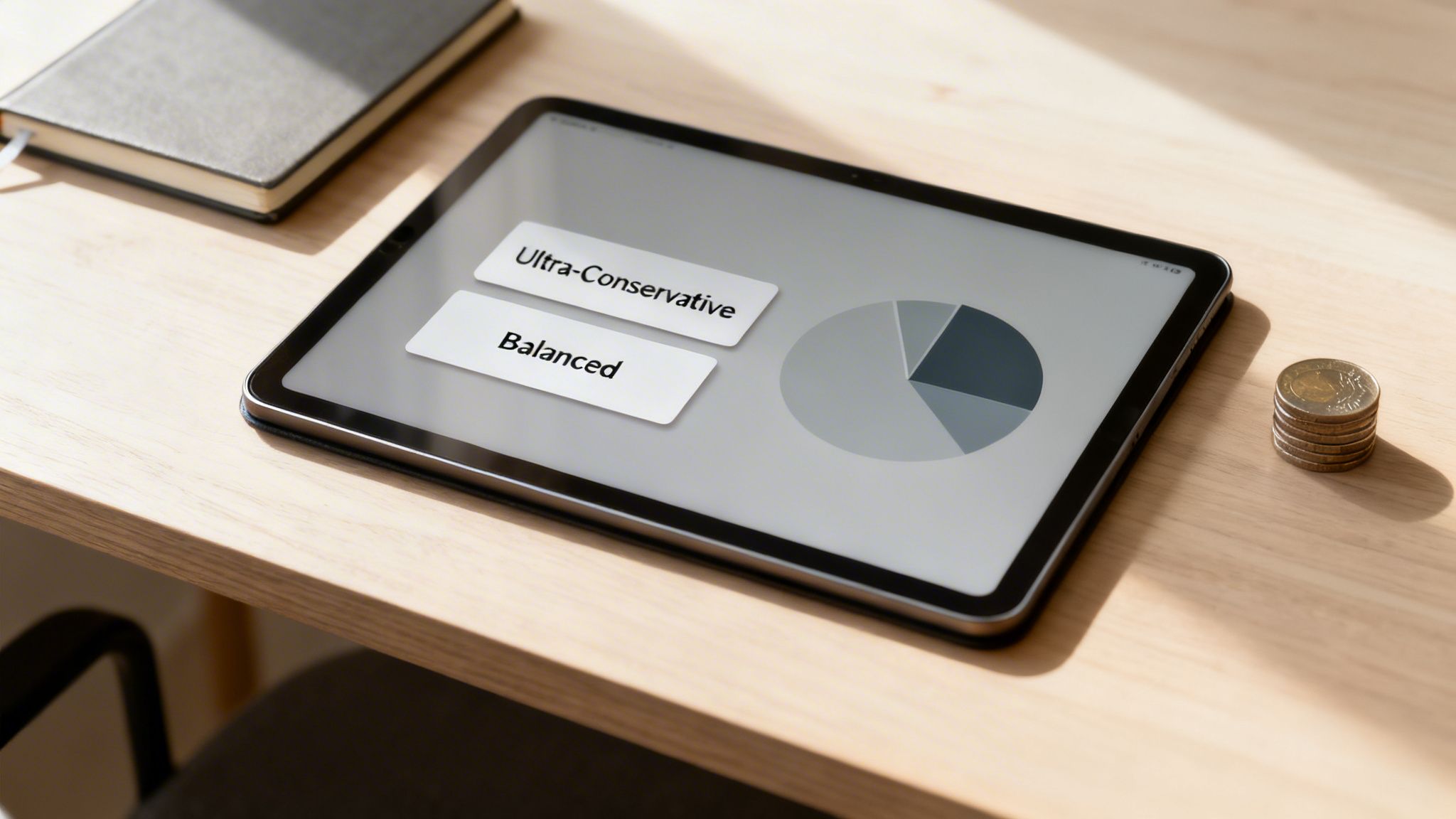Tablet displaying investment profiles, 'Ultra-Conservative' and 'Balanced', with a pie chart, alongside a notebook and coins.