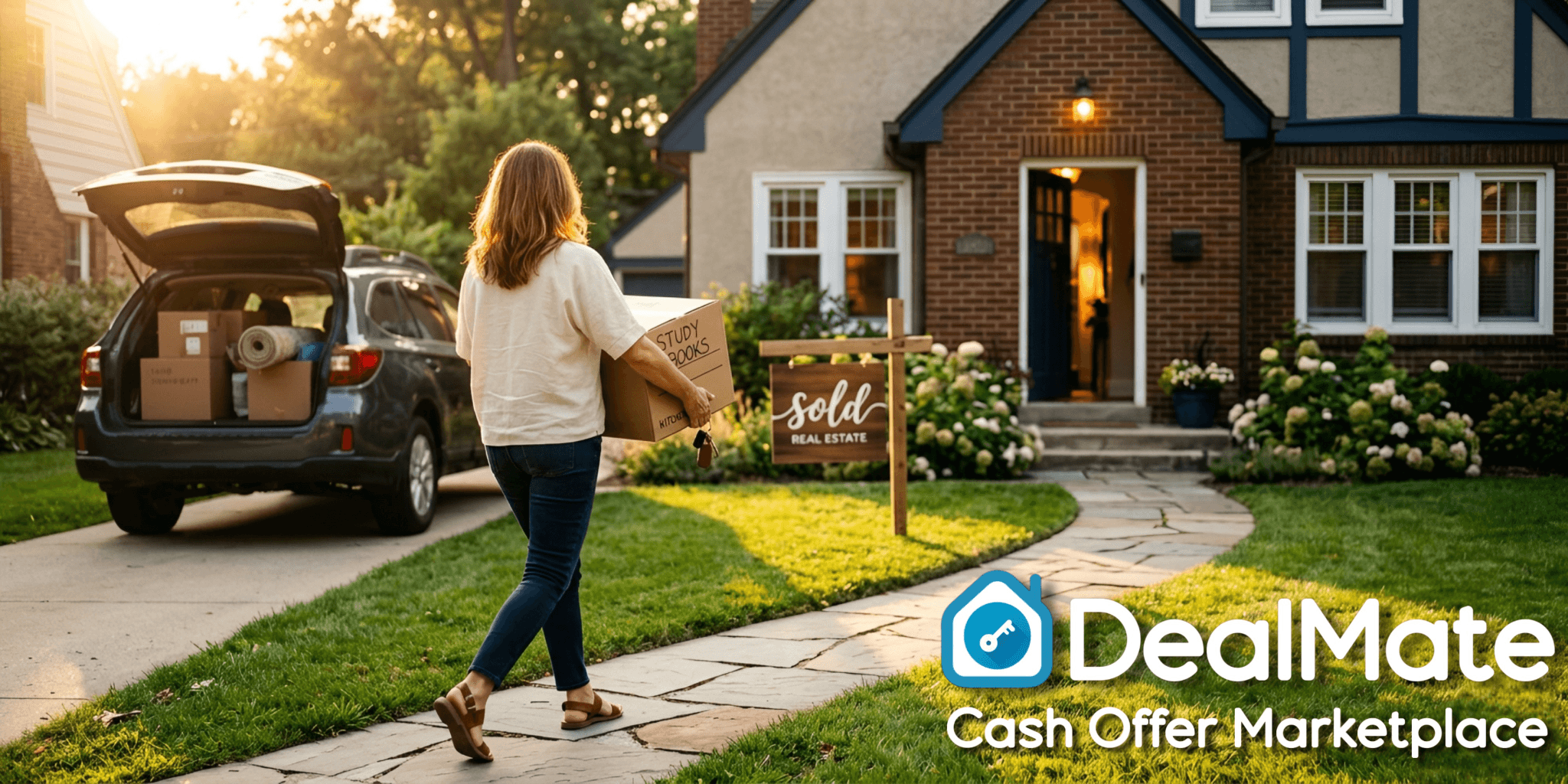 A woman carries a box towards a house with a "Sold" sign, car trunk open, boxes inside. Evening light creates a warm, hopeful atmosphere. Text: "DealMate Cash Offer Marketplace."