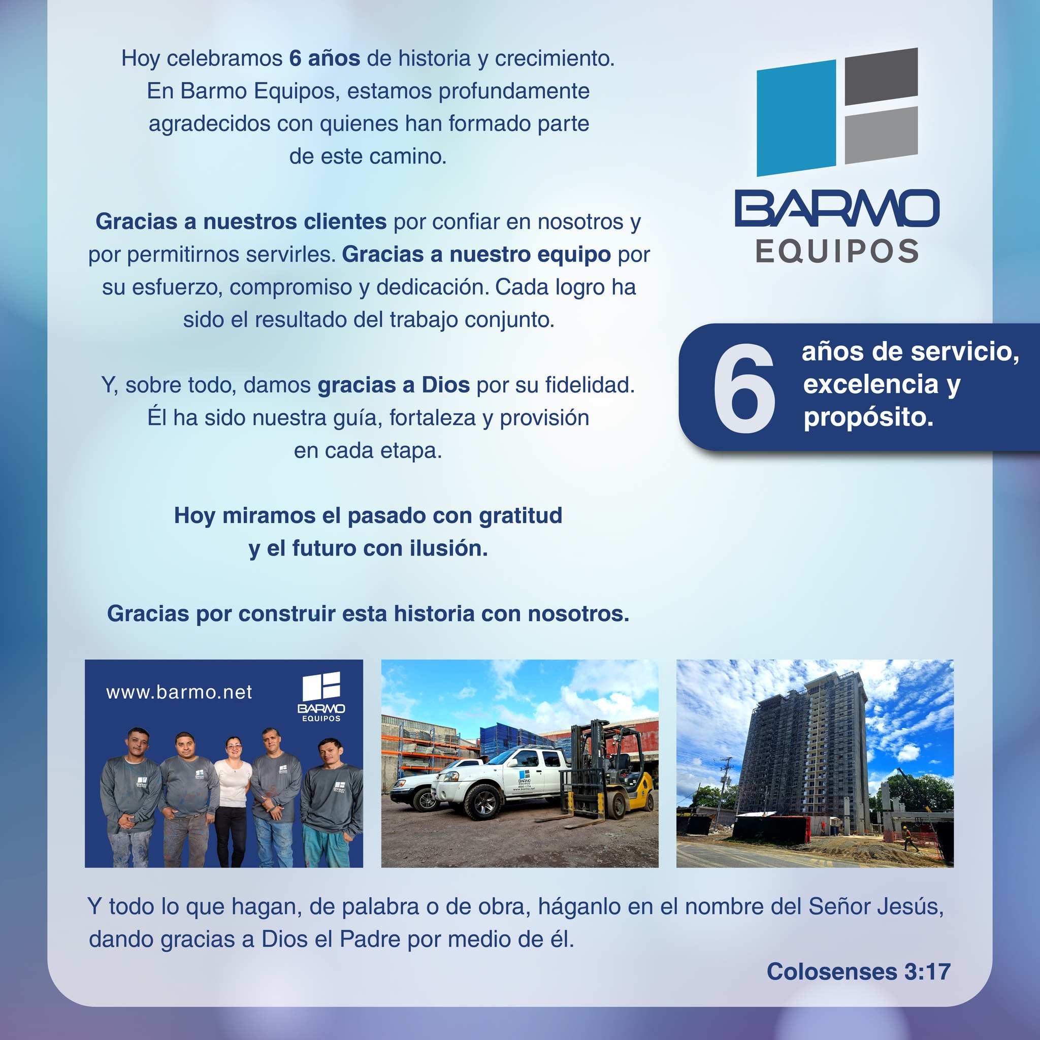 Celebración 6 años de aniversario Barmo Equipos agradecimiento y versículo Colosenses 3:17.