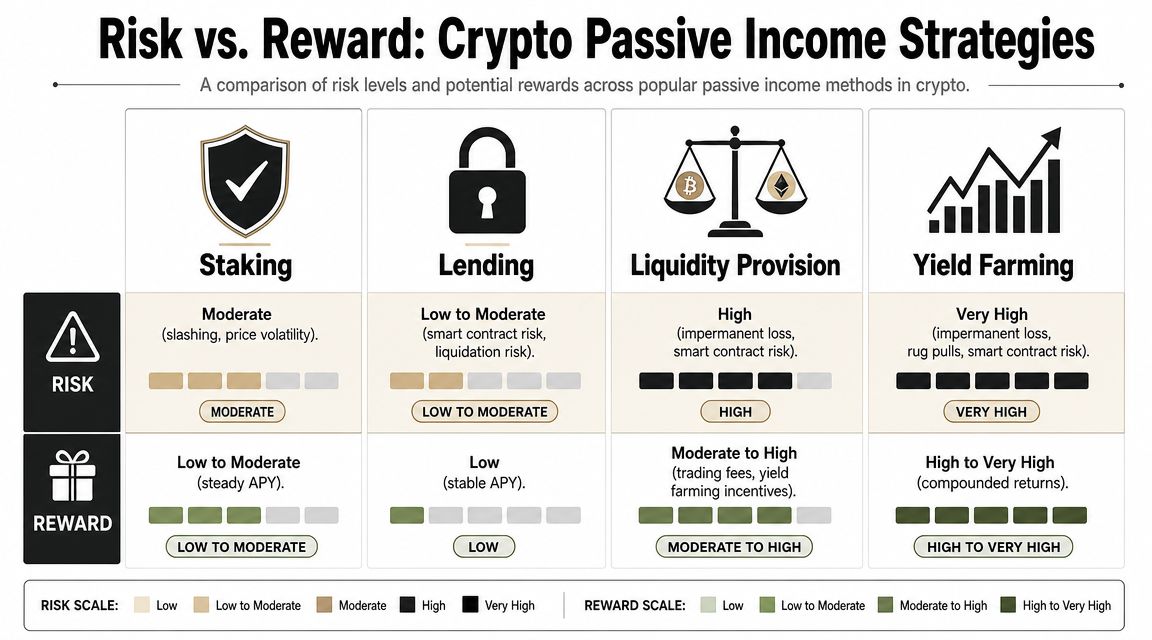 A comparison chart showing the risk and reward levels of various crypto passive income strategies.