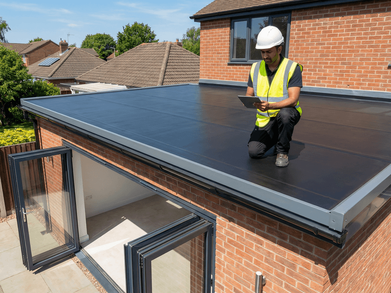 a couple of men working on a roof
