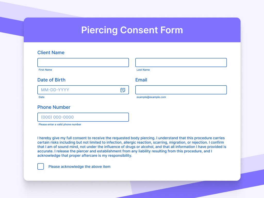 Body piercing consent form template preview