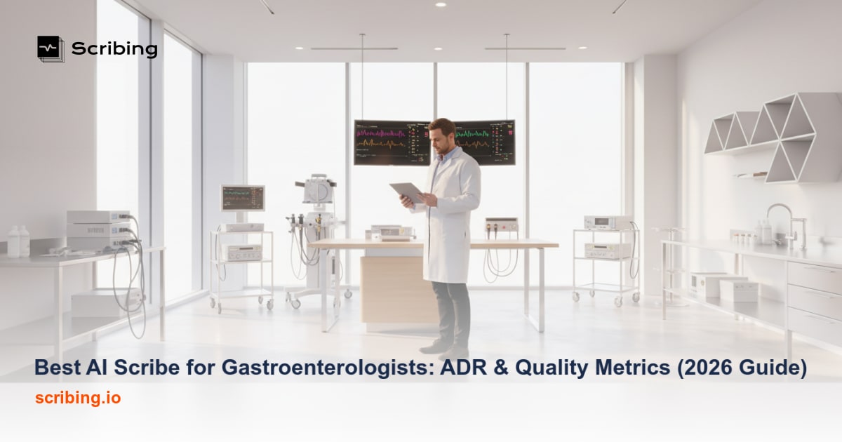 AI scribe technology for gastroenterologists displaying adenoma detection rate and GI quality metrics on a digital dashboard