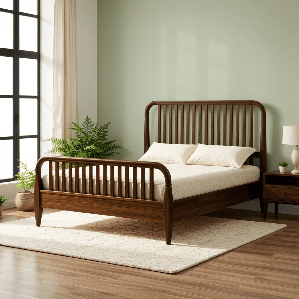 product photography of a wooden bed frame with a slatted design and a mattress