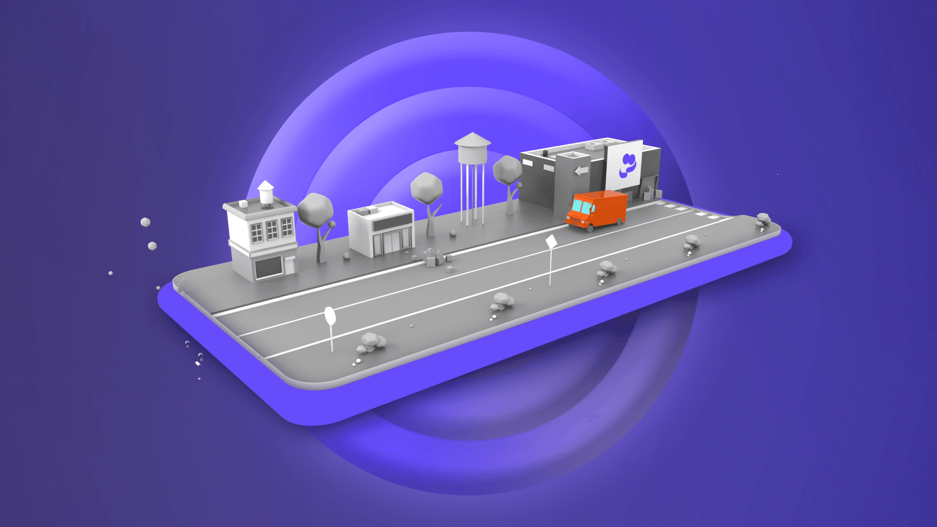 3D isometric illustration of a Care Closet delivery truck on a city street. Visualizes the logistics and real-world impact of the donation service, bridging the gap between digital platform and physical aid.