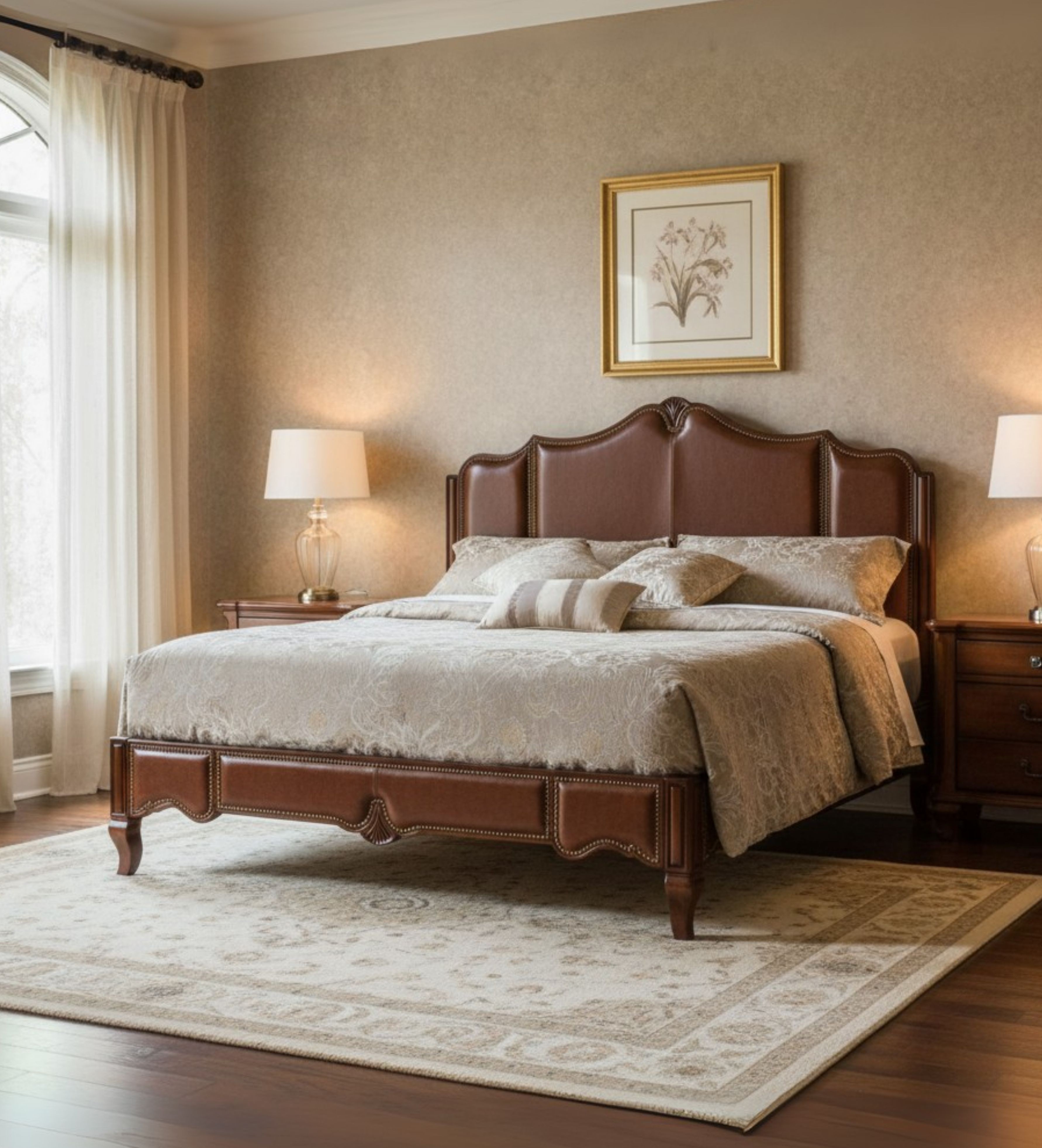 Wooden bed with arched upholstered headboard and solid base construction