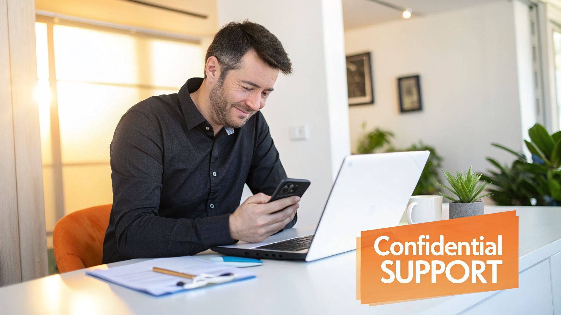 A man smiling while using his phone at a desk with a laptop, plant, and 'Confidential SUPPORT' text.