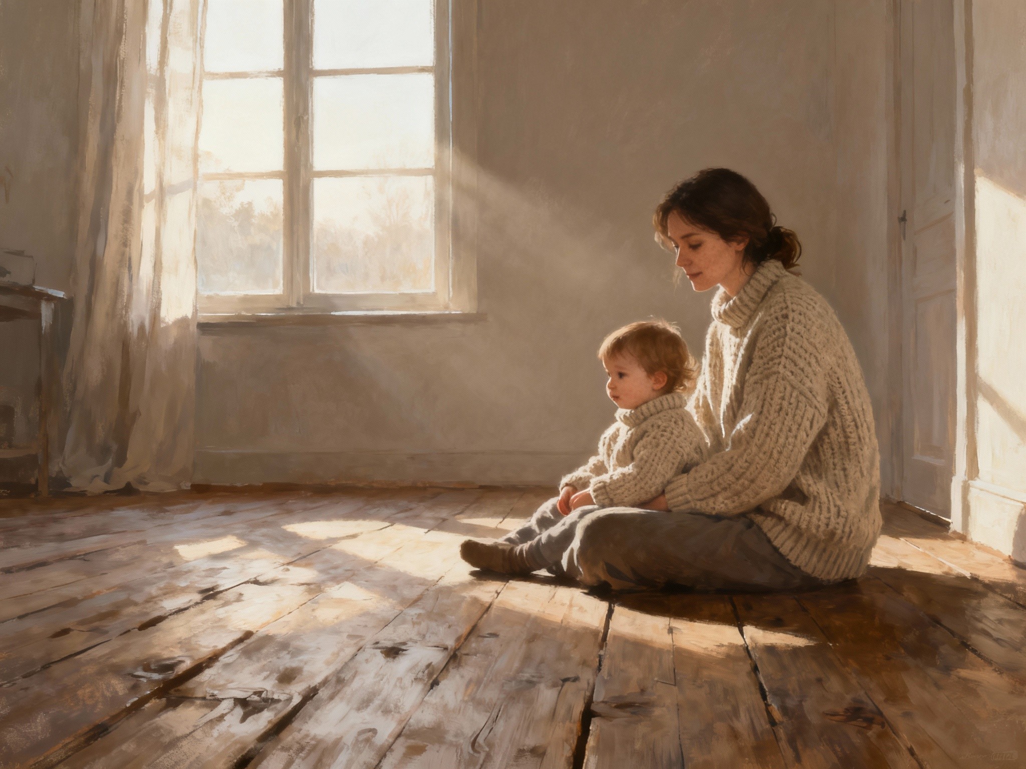 A finely detailed, digital illustration portraying a mother and toddler in coordinated cozy knitwear
