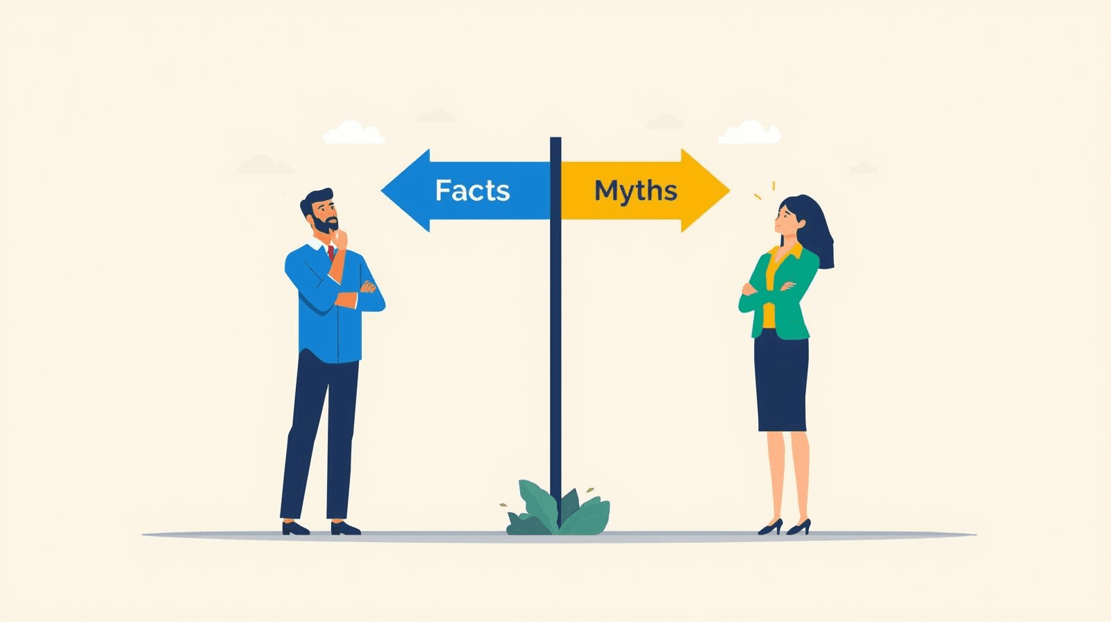 A minimalistic illustration showing two business people standing on opposite sides of a signpost with two arrows pointing in different directions. One arrow is labeled “Facts” and the other “Myths.” The man and woman are thoughtfully looking at the sign, appearing to consider which direction to choose. The background is simple and uncluttered, with a few small clouds in the sky and a neutral backdrop