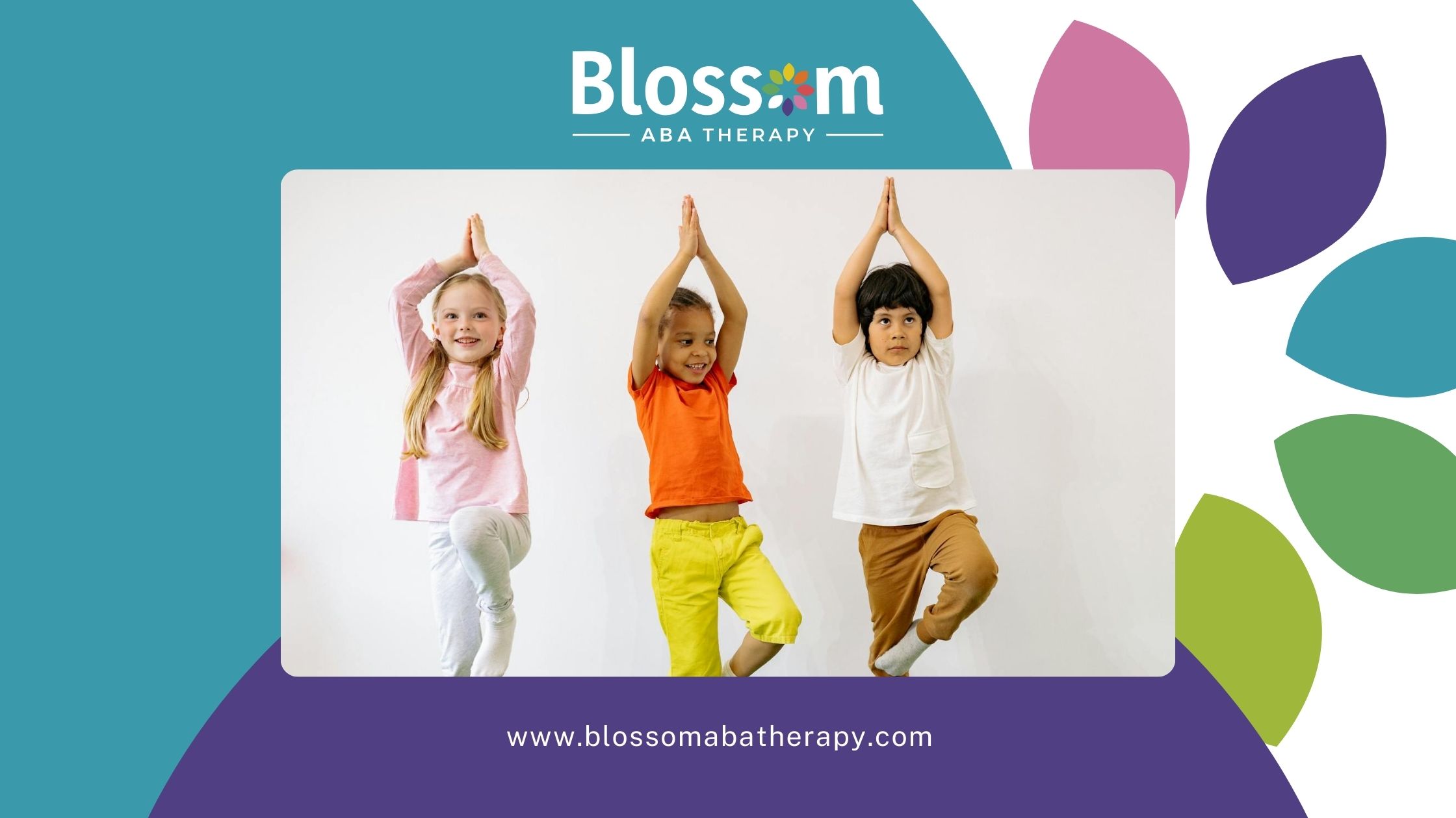 Three autistic children practicing yoga together, smiling and balancing on one leg in Tennessee.