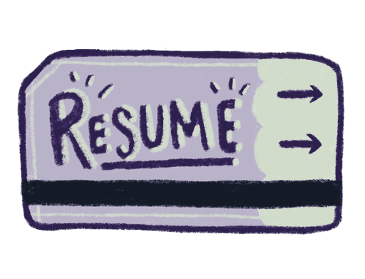A clickable purple ticket that says "resume" on it