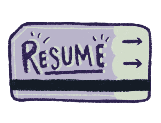 A clickable purple ticket that says "resume" on it
