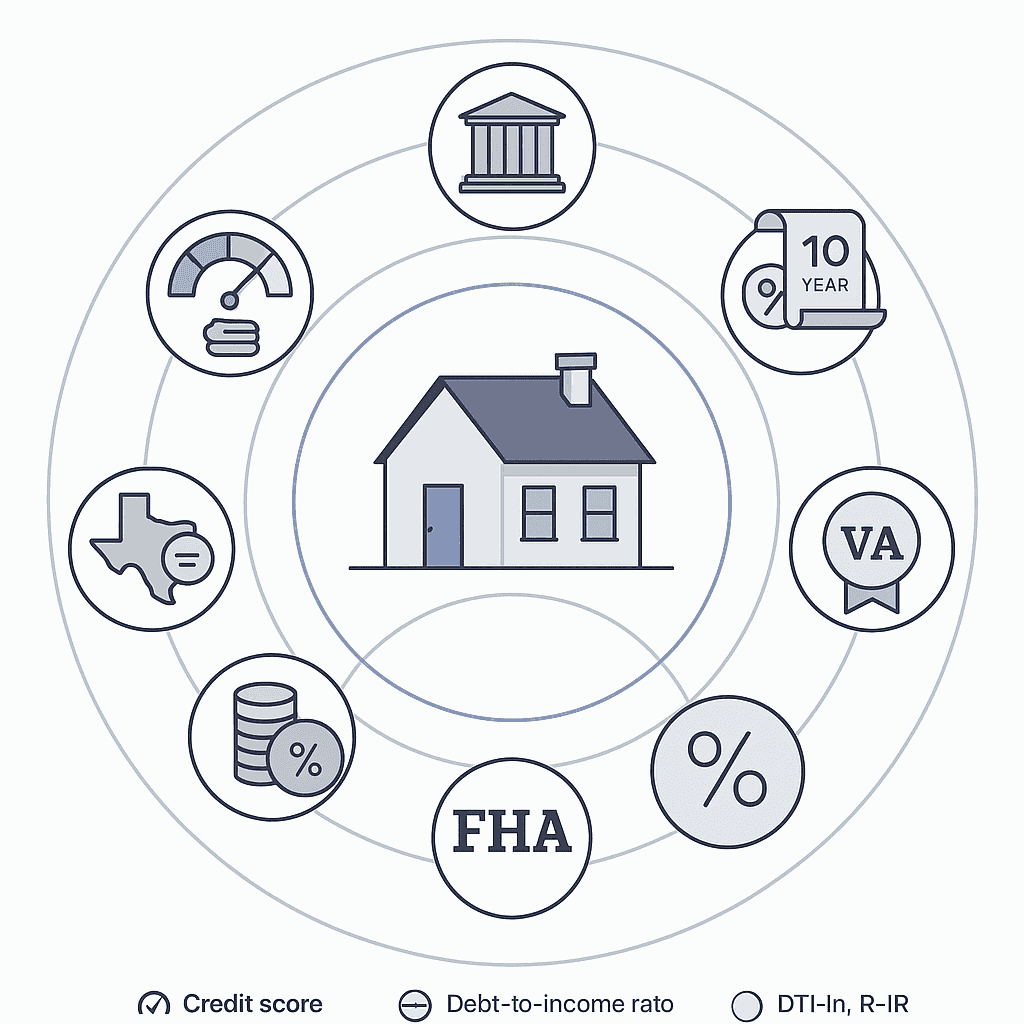 Concentric ring diagram showing national, Texas, and borrower factors influencing Killeen mortgage rates