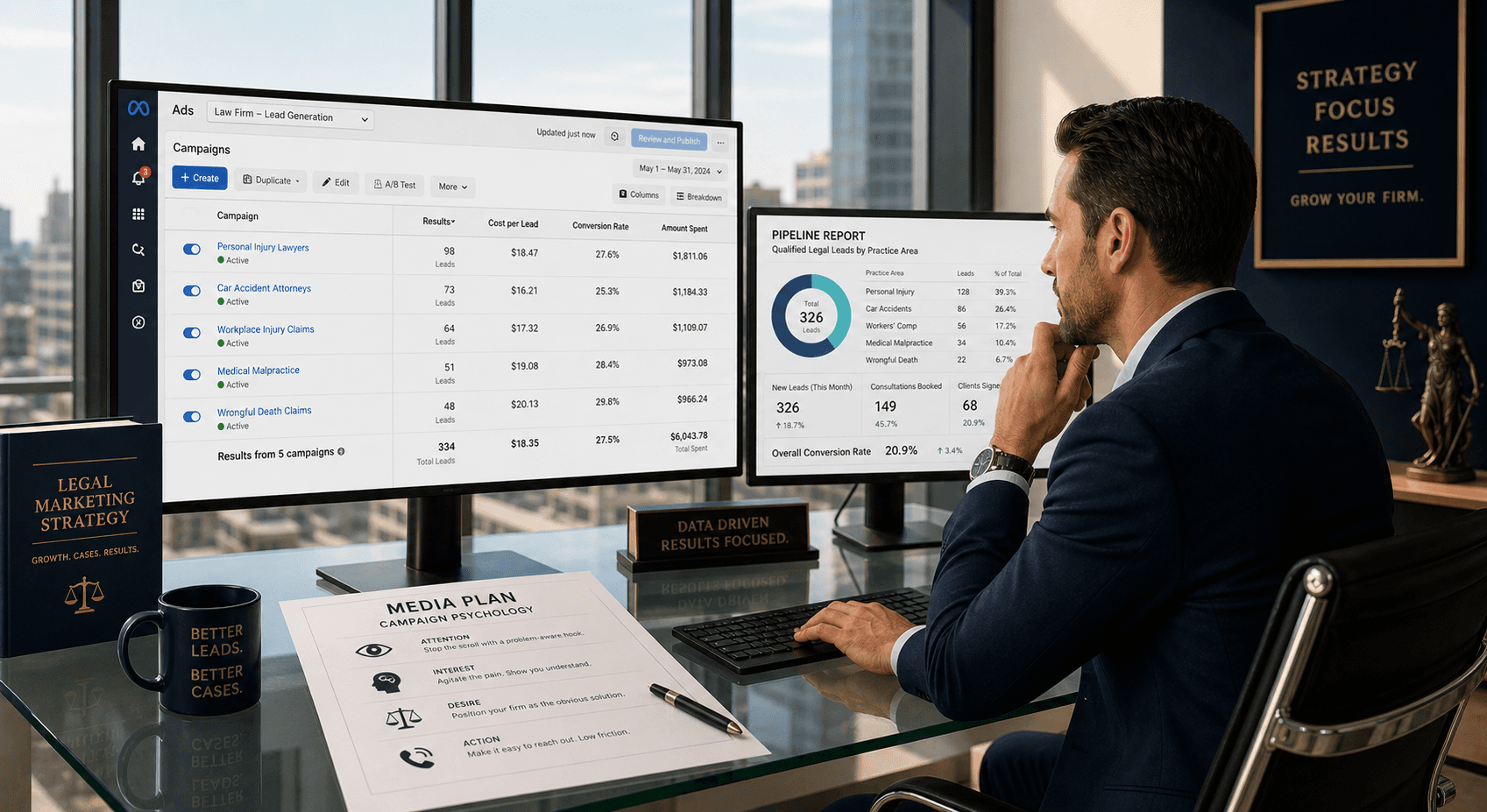 Law firm marketing strategist reviewing Facebook ads that convert dashboards showing qualified legal leads and conversion data