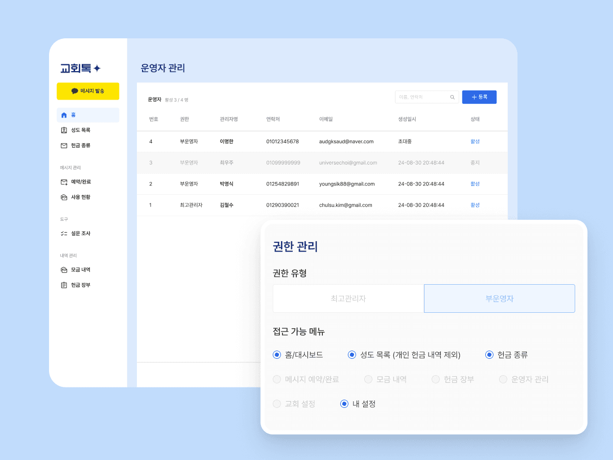 교회톡 관리자 권한 설정 화면 - 역할별 운영자 계정 생성 및 메뉴 접근 권한 분리 기능
