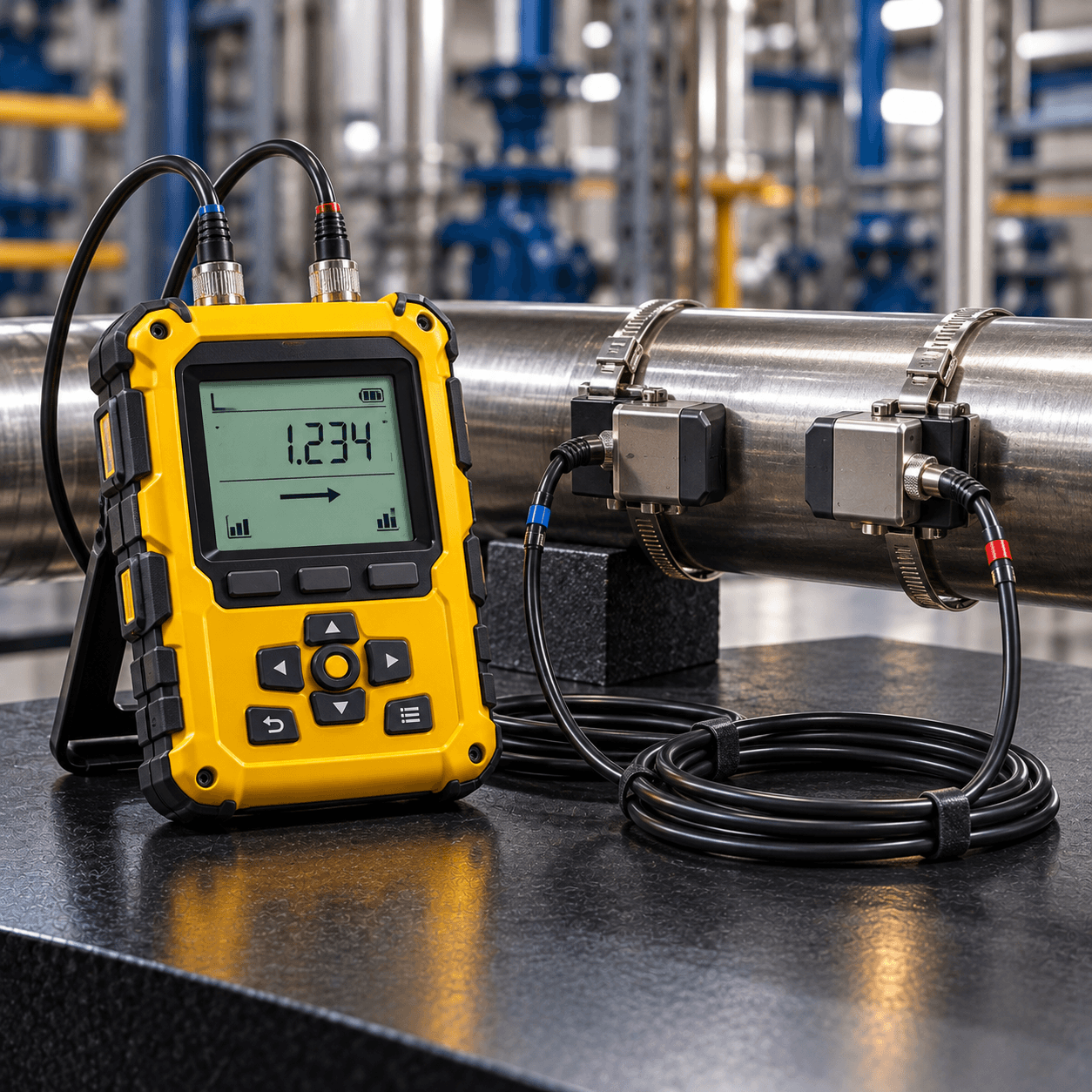 Portable clamp-on ultrasonic flow meter with transducers strapped to a steel pipe