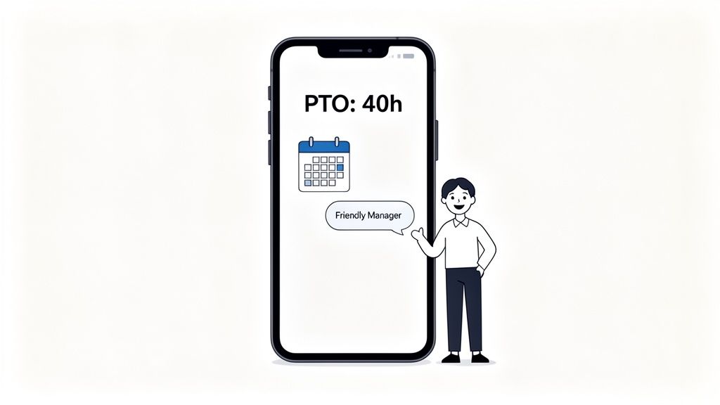 A friendly manager standing next to a smartphone showing 'PTO: 40h' and a calendar icon.