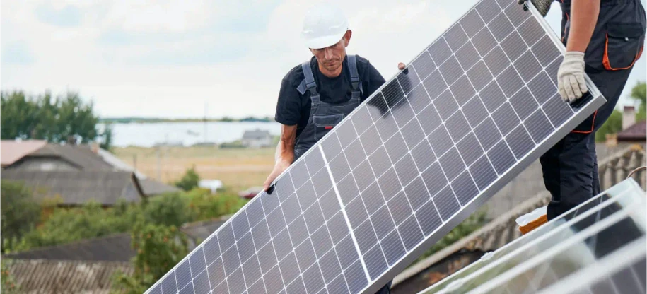 Solateure auf einem Dach bei der Montagearbeit