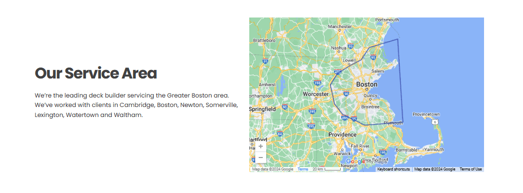 service area section of a roofer website showing the map of their service locations