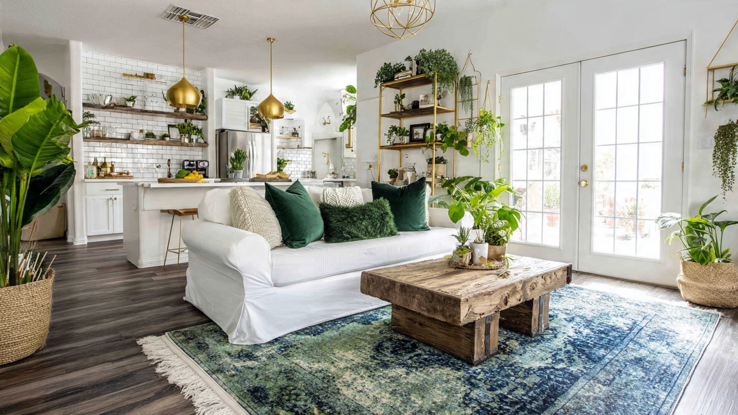 A bright living room with a white sofa and green pillows, wooden coffee table, and numerous plants. Golden pendant lights accent a modern kitchen.