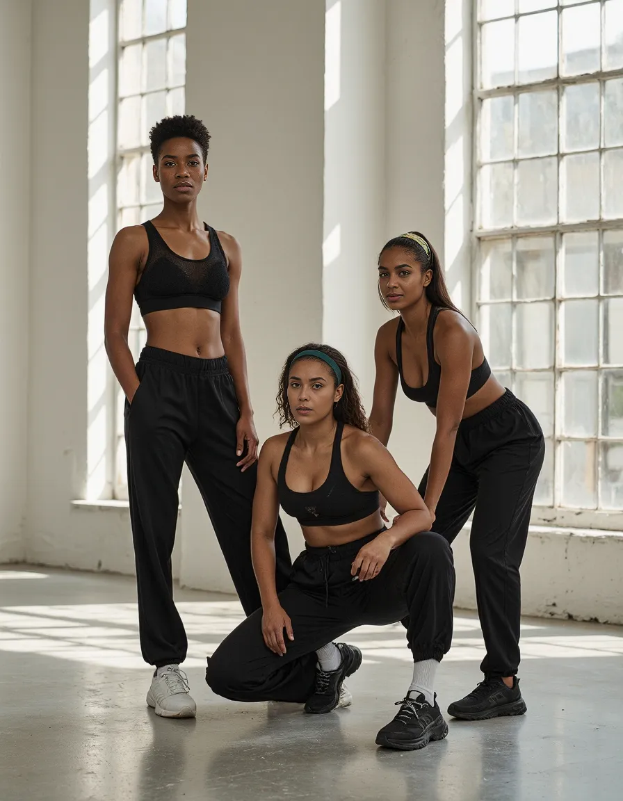 Athletic wear styled in all black featuring sports bras and joggers in a minimalist studio space with dramatic natural lighting