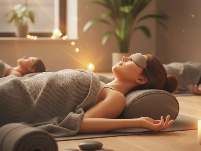 A serene yoga practitioner lying comfortably on a mat in Shavasana pose, supported by a bolster and blanket in a bright, airy studio filled with soft morning light and indoor plants.