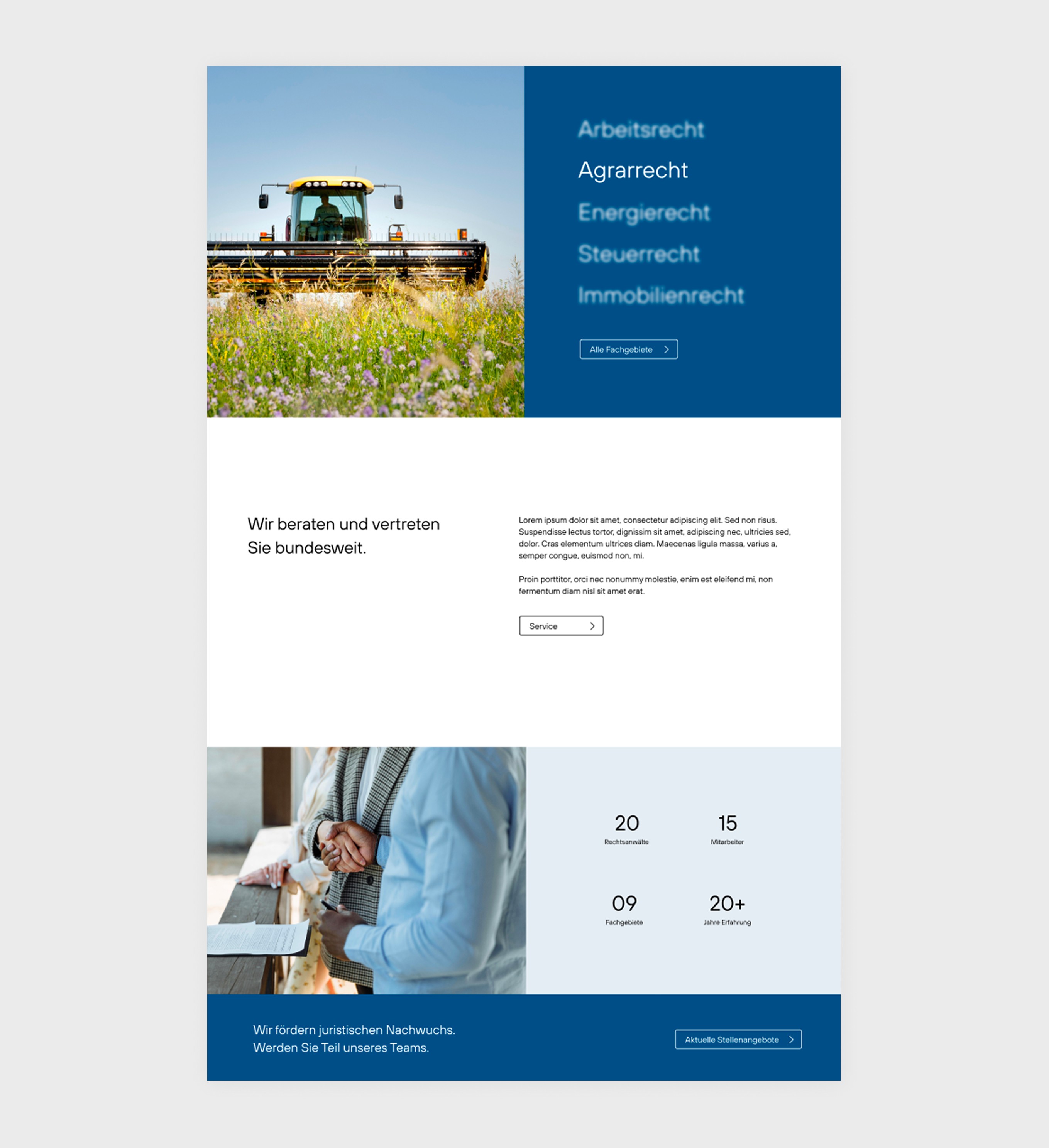 Website der Kanzlei Geiersberger Glas & Partner mit Leistungsübersicht, Feldern mit landwirtschaftlicher Maschine und Kontaktbereich.