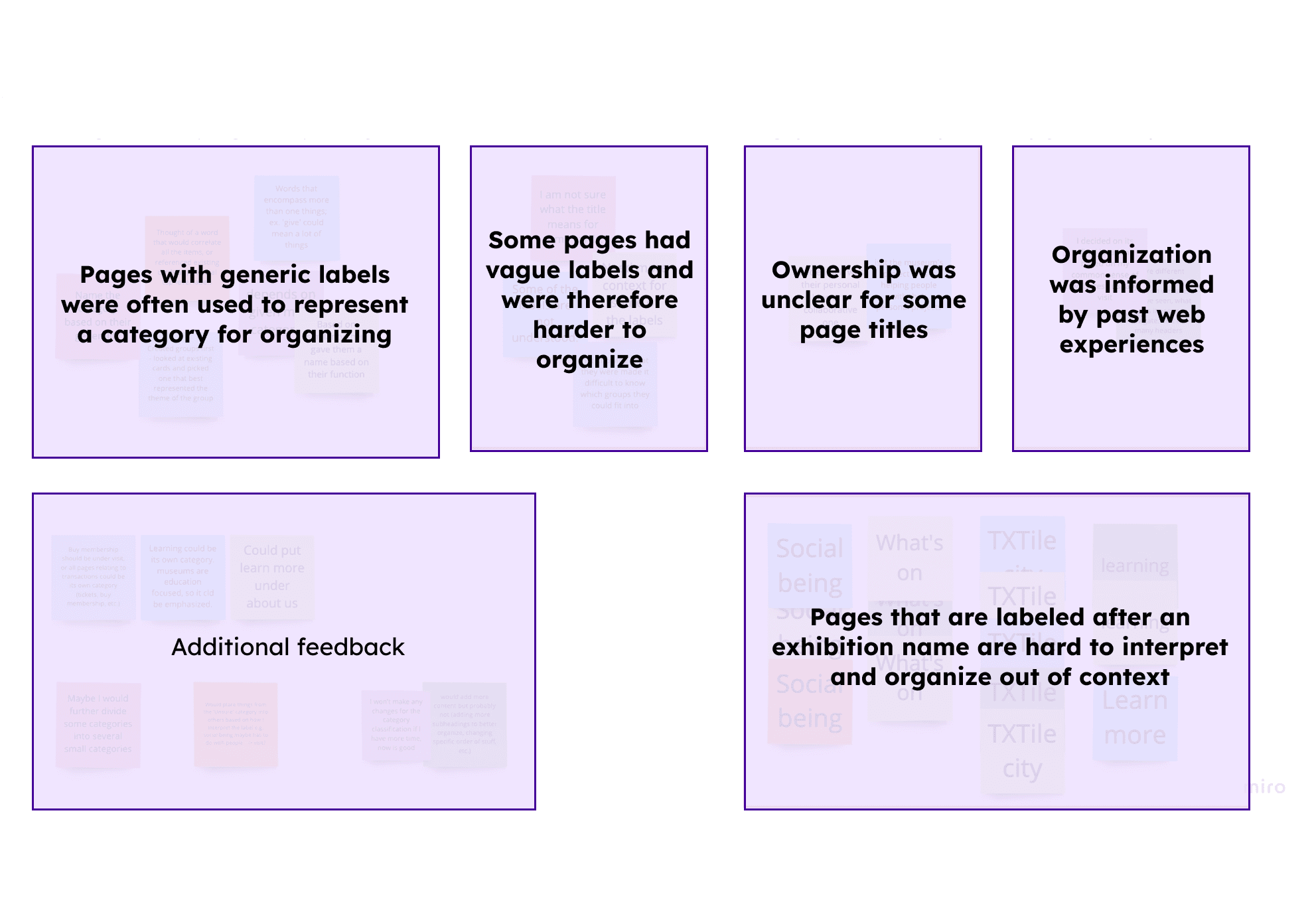 Diagram of post-it notes with written excerpts from card sort activity, grouped by theme