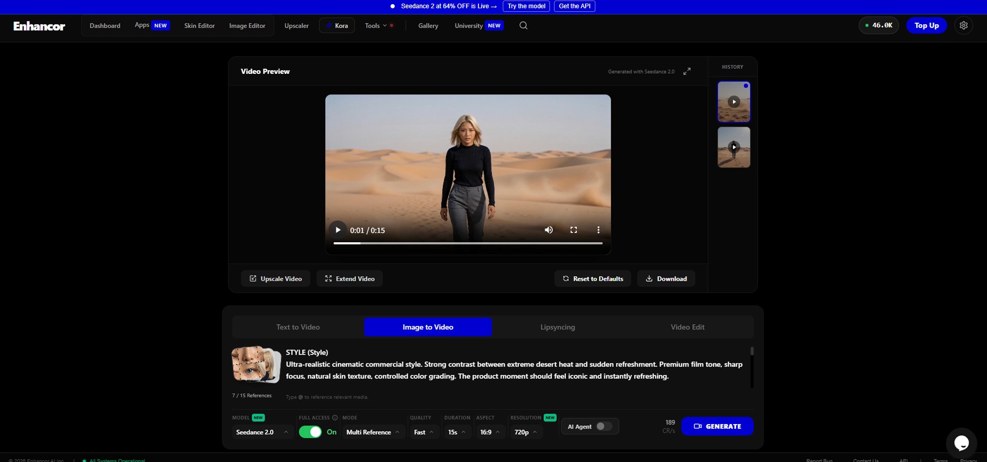 Image caption: After uploading references and entering the directing prompt, generate the first 15-second AI commercial test.